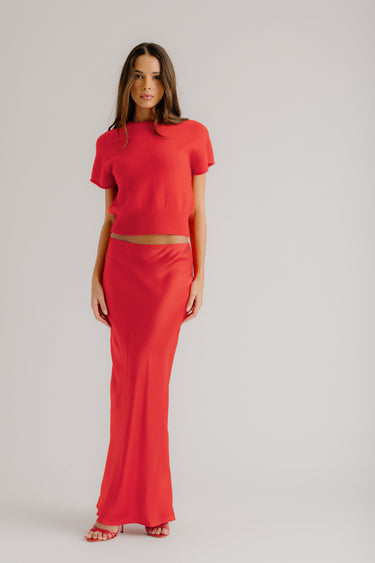 GRACE SCALLOP TRIM SILK MAXI SKIRT | SCARLET