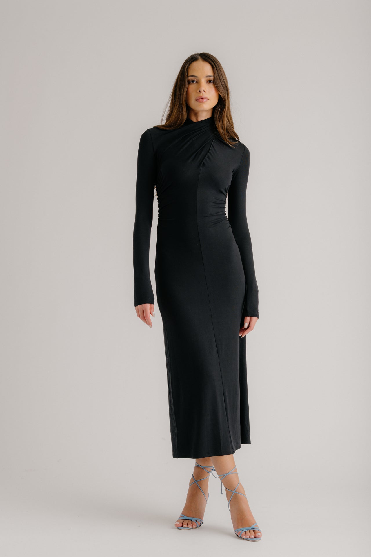 QUINN CROSSOVER MOCK NECK MIDI DRESS | BLACK SABLYN QUINN CROSSOVER MOCK NECK MIDI DRESS | BLACK SABLYN