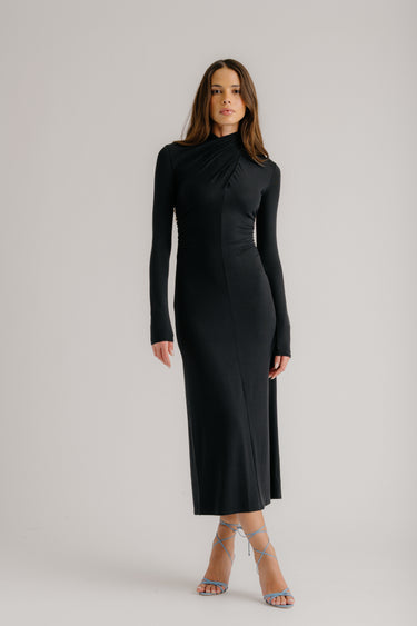 QUINN CROSSOVER MOCK NECK MIDI DRESS | BLACK
