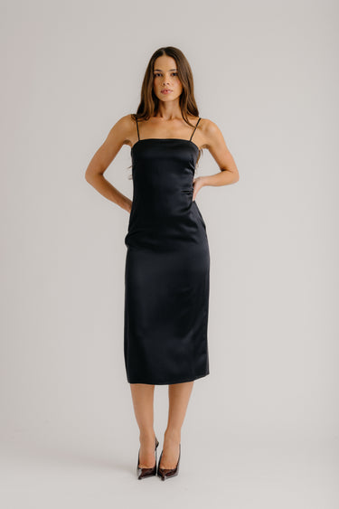 CHRISTY SQUARE NECK SILK CAMI DRESS | BLACK
