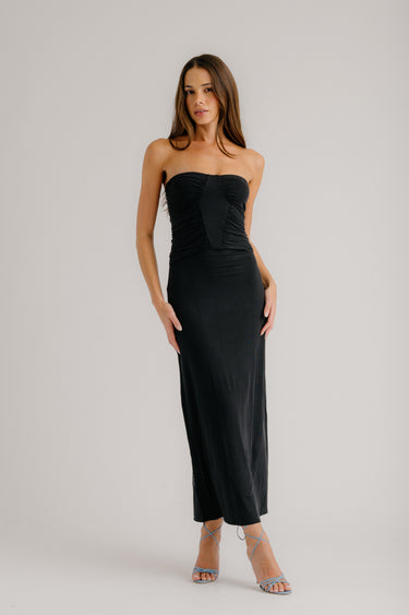 ELLE DRAPED STRAPLESS DRESS | BLACK