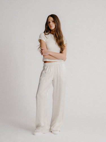 BRYNN HIGH RISE PULL ON WIDE LEG SILK PANT | GARDENIA