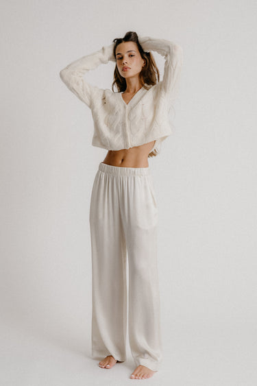 BRYNN HIGH RISE PULL ON WIDE LEG SILK PANT | GARDENIA