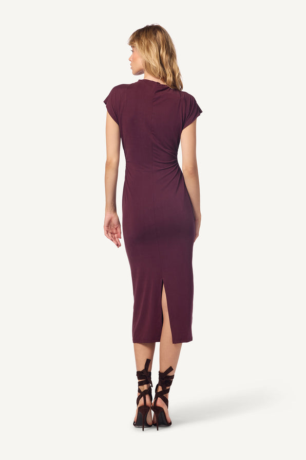 MESA SANDWASHED JERSEY SLOUCHY MOCK NECK MIDI DRESS | BORDEAUX