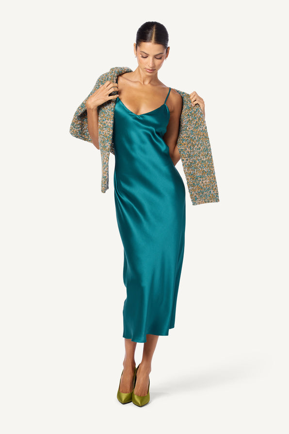 TAYLOR MIDI SILK SLIP DRESS | MARINE TEAL