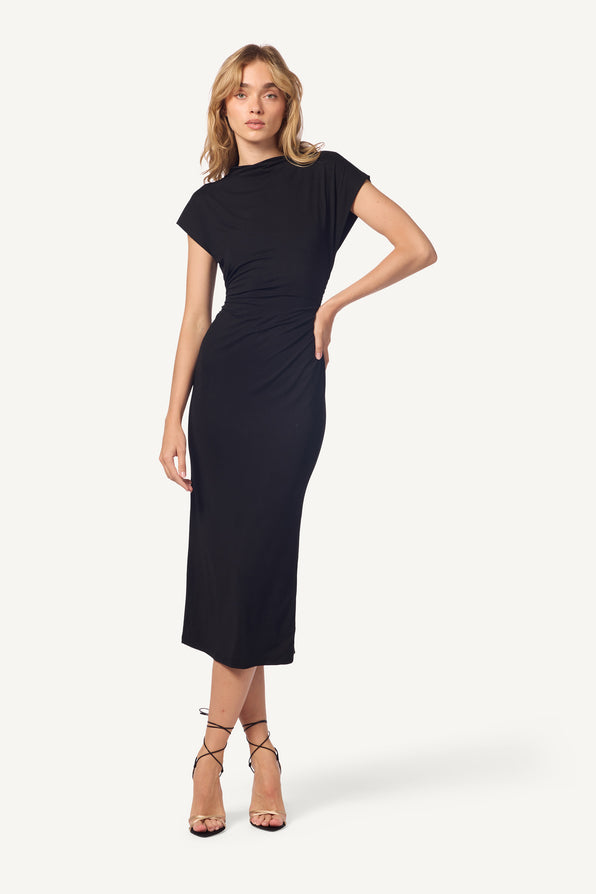 MESA SANDWASHED SLOUCHY MOCK NECK MIDI DRESS | BLACK