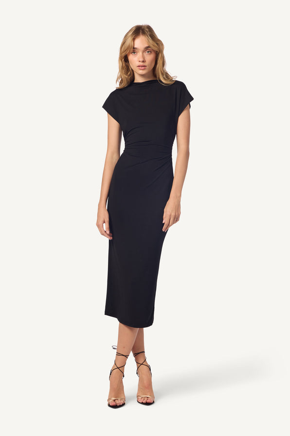 MESA SANDWASHED SLOUCHY MOCK NECK MIDI DRESS | BLACK