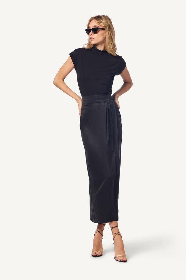 IRIS FAUX WRAP SKIRT WITH SLIT | BLACK