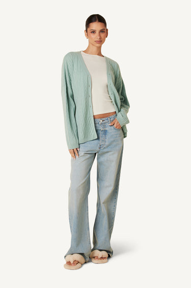 COOPER CASHMERE CABLE KNIT CARDIGAN | SEAFOAM