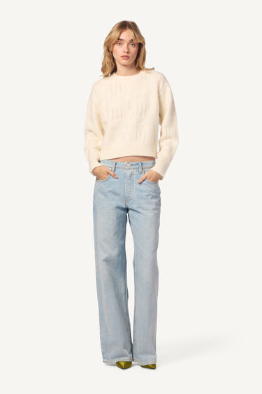 TRISTAN BRUSHED CASHMERE DETAILED CABLE POINTELLE CREW NECK | GARDENIA