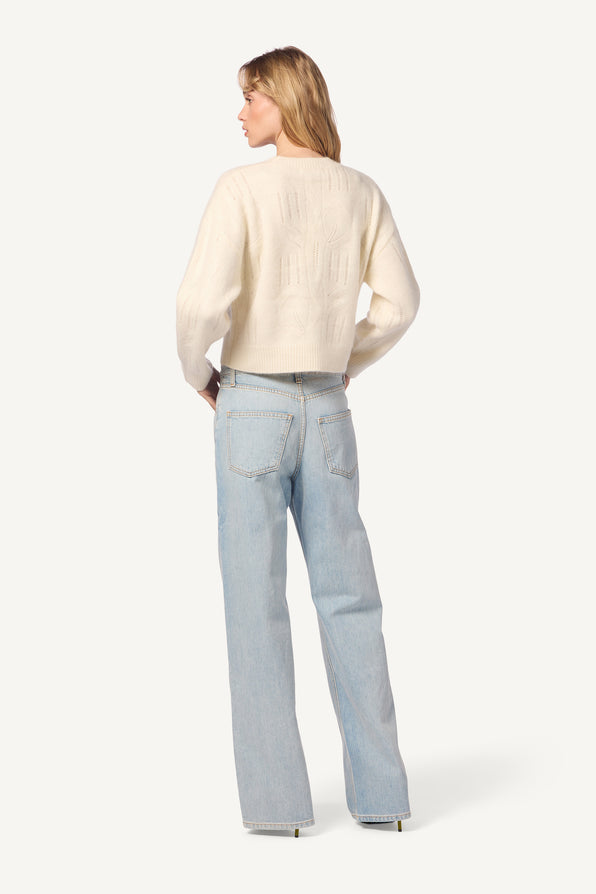 TRISTAN BRUSHED CASHMERE DETAILED CABLE POINTELLE CREW NECK | GARDENIA