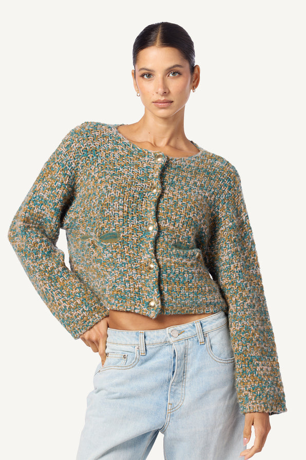 CHARLENE CASHMERE CROPPED WELT POCKET JACKET | MATTE GOLD MULTI