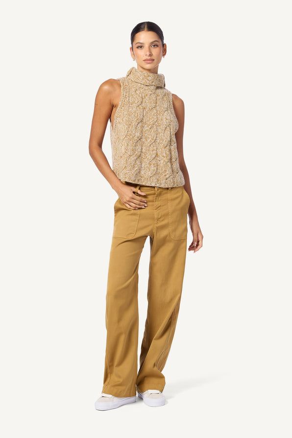 SAIGEY CASHMERE CABLE KNIT SLEEVELESS TURTLNECK | MARLED MATTE GOLD