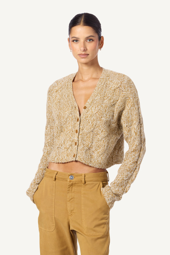 JOLIE V-NECK CROPPED CABLE CASHMERE CARDIGAN | MARLED MATTE GOLD