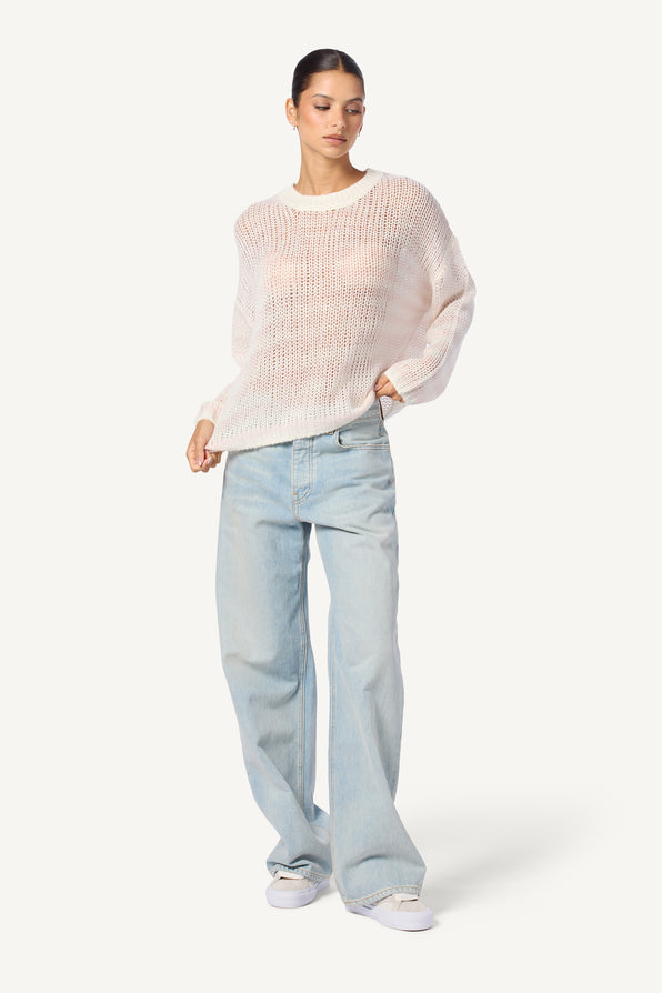 SHEYLA SLOUCHY OPENKNIT CASHMERE STRIPPED CREWNECK PULLOVER | MALLOW