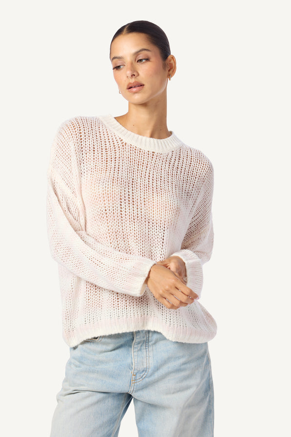 SHEYLA SLOUCHY OPENKNIT CASHMERE STRIPPED CREWNECK PULLOVER | MALLOW