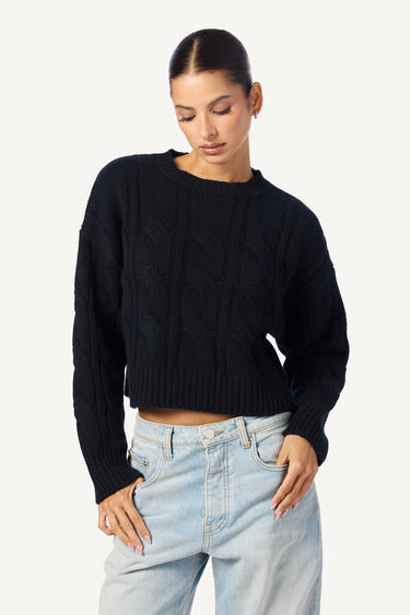 TRISTAN CASHMERE CABLE KNIT SWEATER  PULLOVER | BLACK