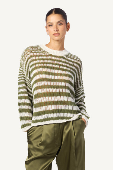 SHEYLA SLOUCHY OPEN KNIT STRIPPED CASHMERE PULLOVER CREWNECK STRIPED PULLOVER | OLIVE